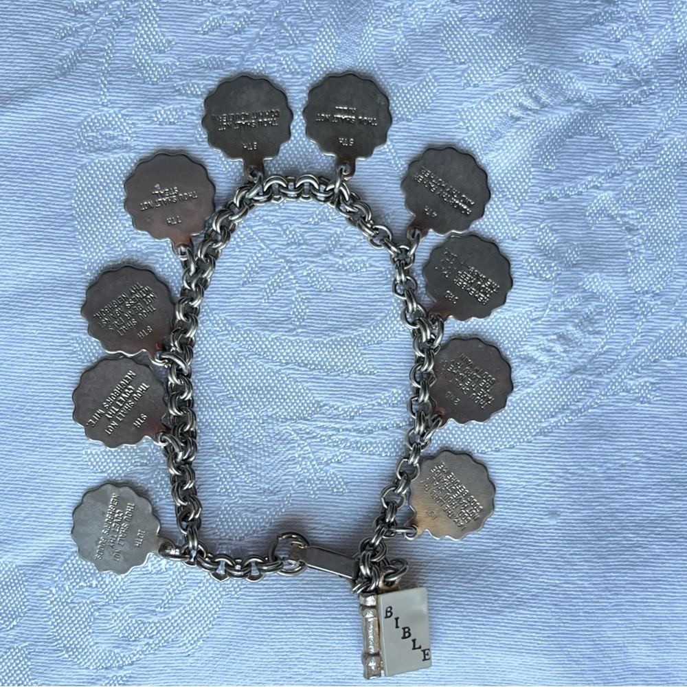 1970s abalone Bible and 10 Commandments charm bracelet